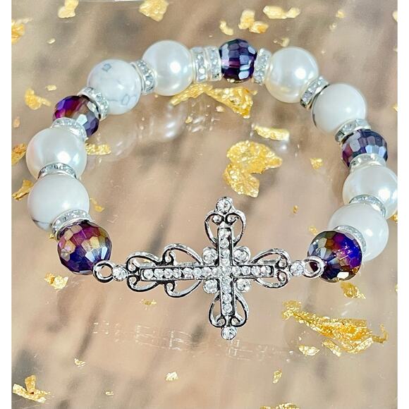 Crystal Cross Pearl Howlite Crystal Bracelet Set - Picture 12 of 12